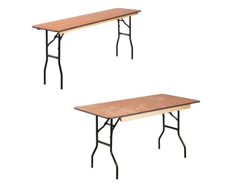 Folding tables for marquee events, ideal for outdoor and indoor functions, available for hire in Lei.